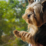 A cute Yorkie puppy looking out the window on a rainy day.