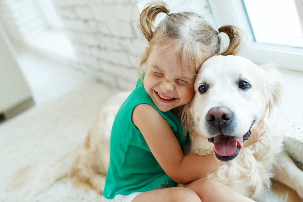 Petland Pembroke Pines picture of little girl hugging a cute Golden Retriever puppy.