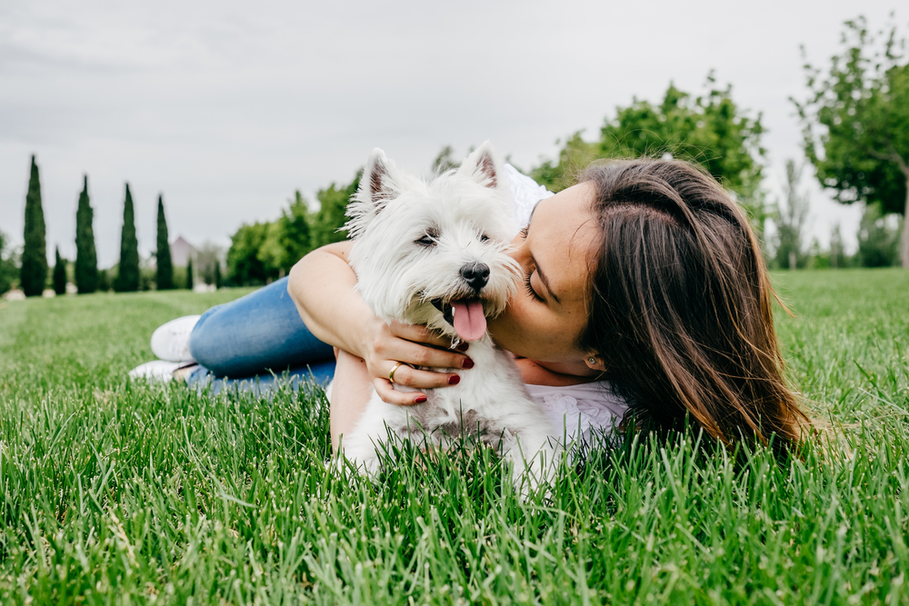 Petland Pembroke Pines picture of a woman playing with her cute puppy in a grassy field.