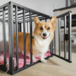Pembroke Welsh Corgi puppy coming out from a dog crate.