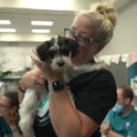 A woman from the David Posnack JCC holds and cuddles a cute puppy from Petland.