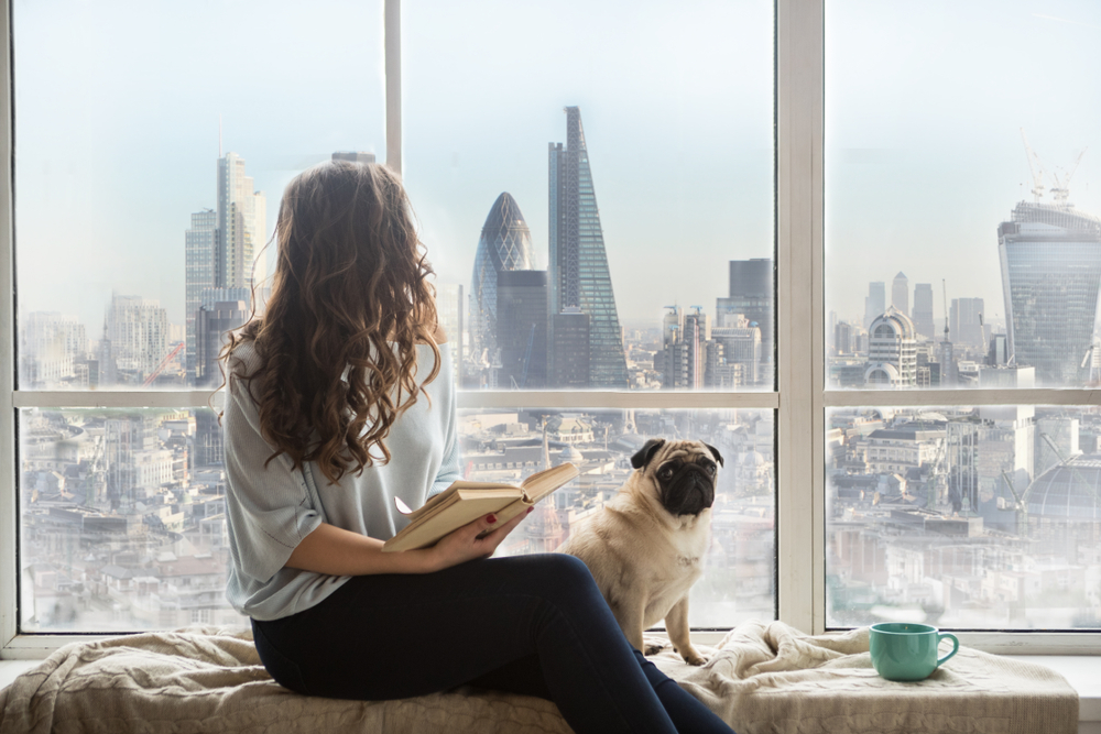 A woman relaxes in the window seat of her city apartment next to her loyal Pug.