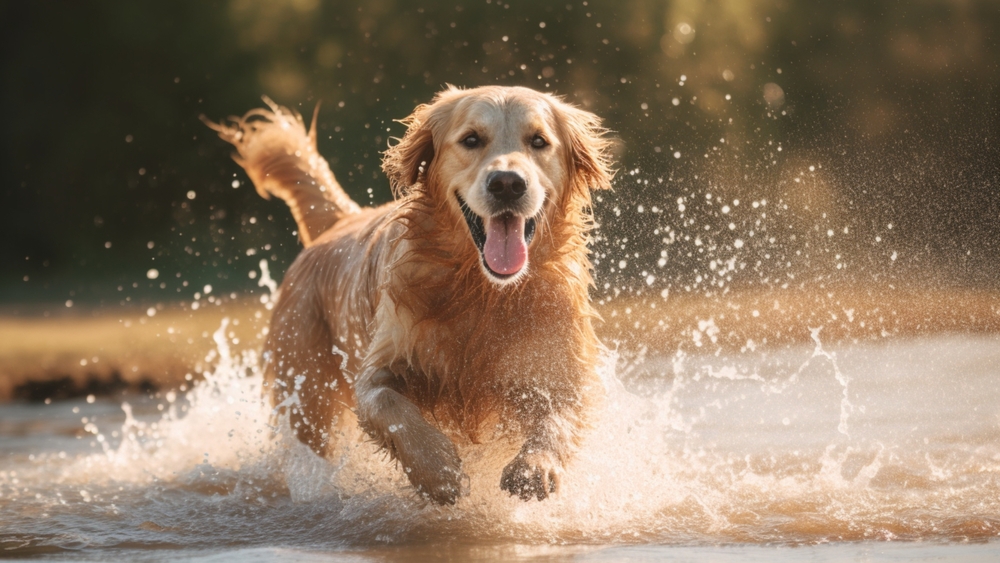 A happy Golden Retriever leaps through a pond, splashing water on a sunny autumn day.