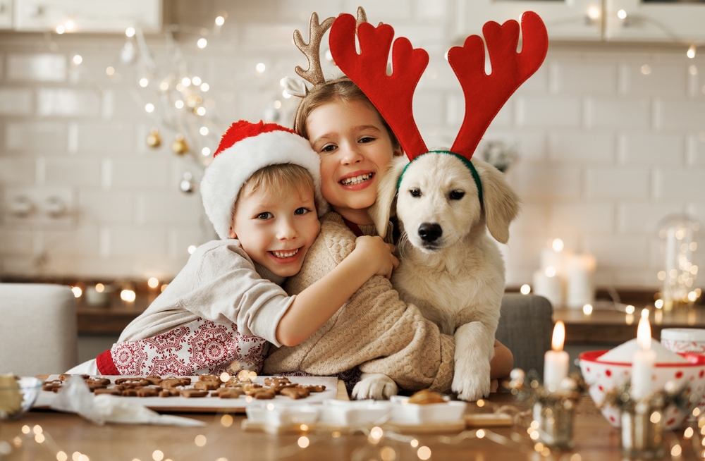 Happy children sit with their yellow Labrador Retriever puppy, all wearing Christmas Santa hats and red reindeer antlers, as they make holiday cookies.