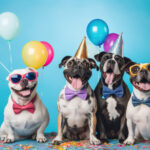 Happy dogs have a party on a soft blue background