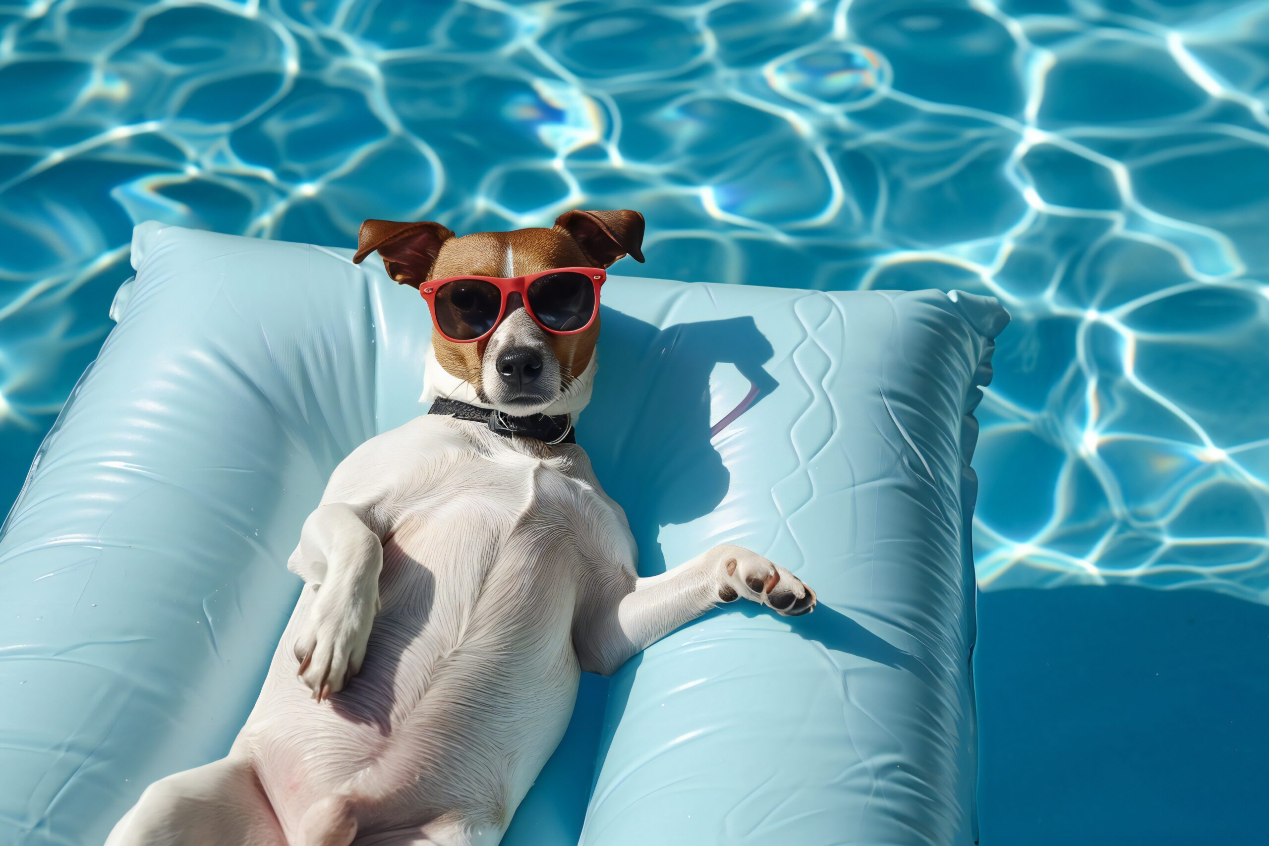 jack Russell dog in sunglasses chilling on an inflatable mattress in water by the sea or swimming pool in summer holiday vacation