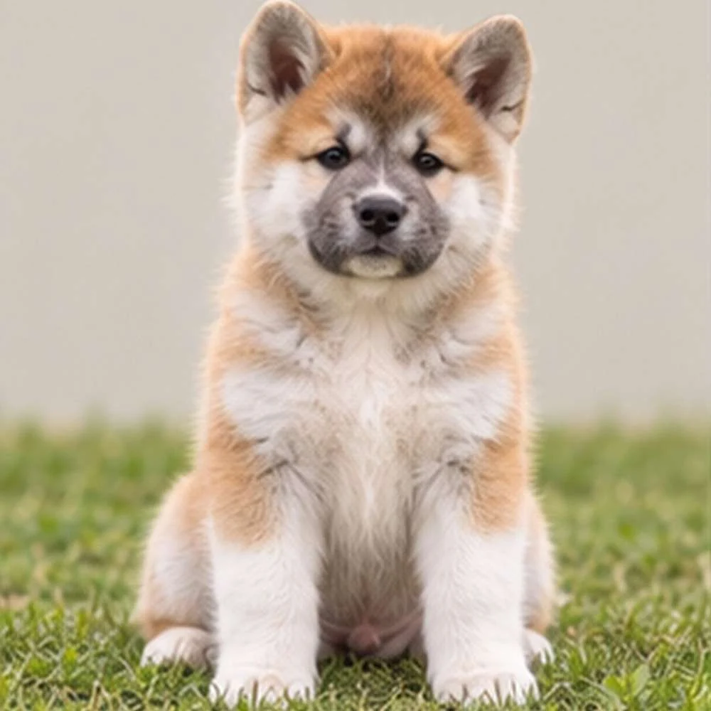 Large, fluffy Akita with a brindle coat standing proudly, ears perked up