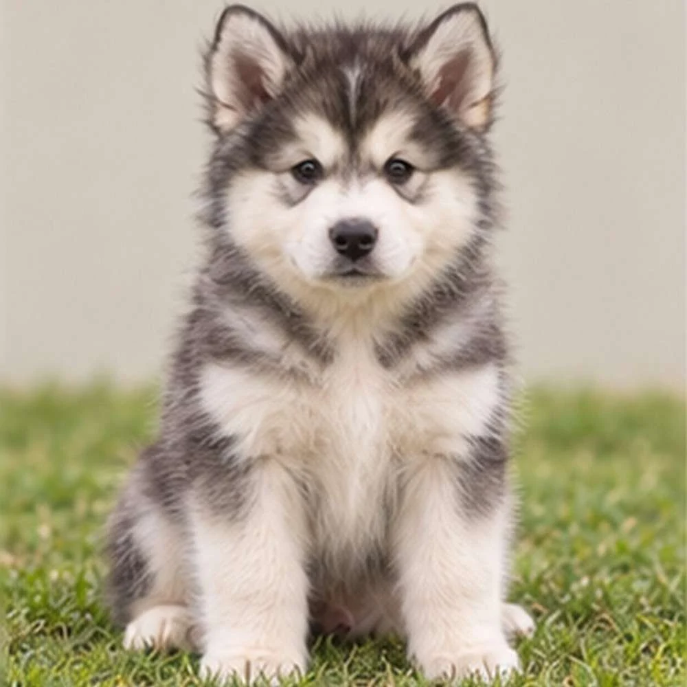 Large, fluffy gray and white dog standing proudly with a strong gaze
