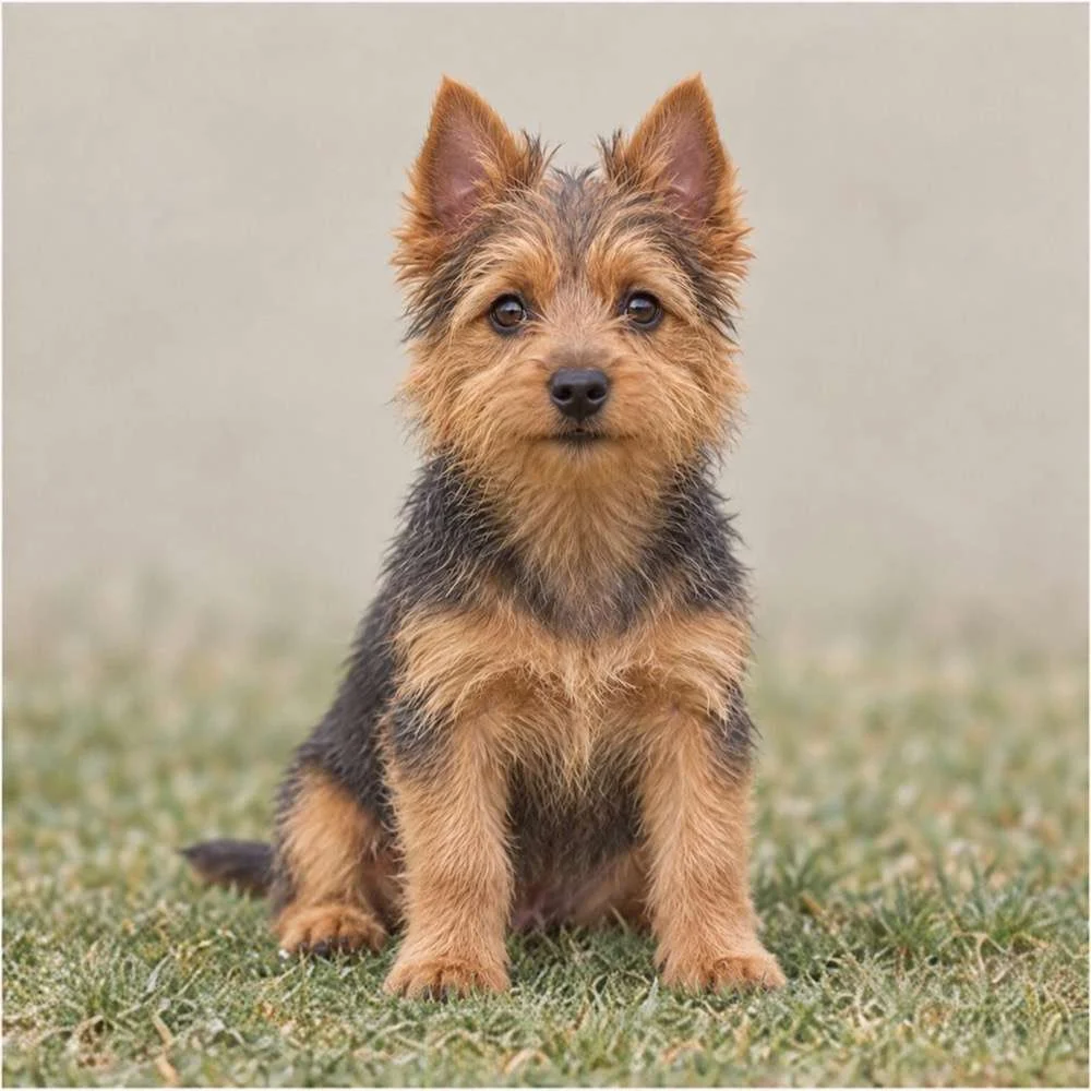 Small, wiry dog with a coarse, sandy-colored coat standing confidently outdoors