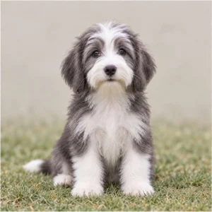 Fluffy, medium-sized dog with a long, shaggy coat and lively expression