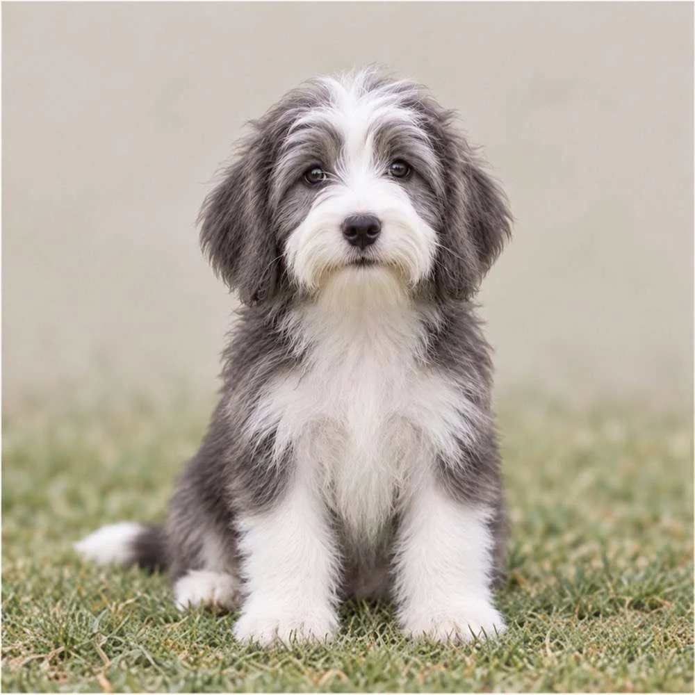 Fluffy, medium-sized dog with a long, shaggy coat and lively expression