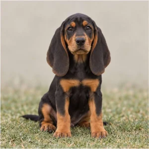 A sleek black and tan coonhound standing alert with its tail raised