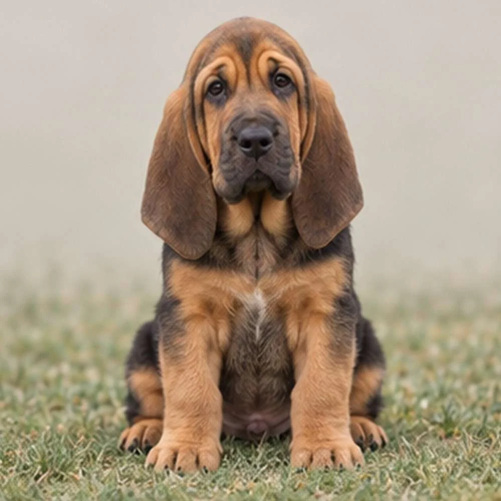 Large, droopy-eared dog with a reddish-brown coat standing alert outdoors