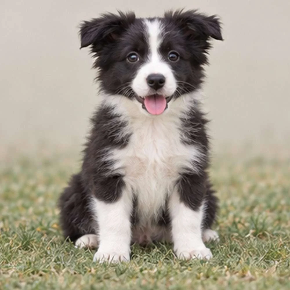Black and white Border Collie sitting attentively, with alert ears and expressive eyes