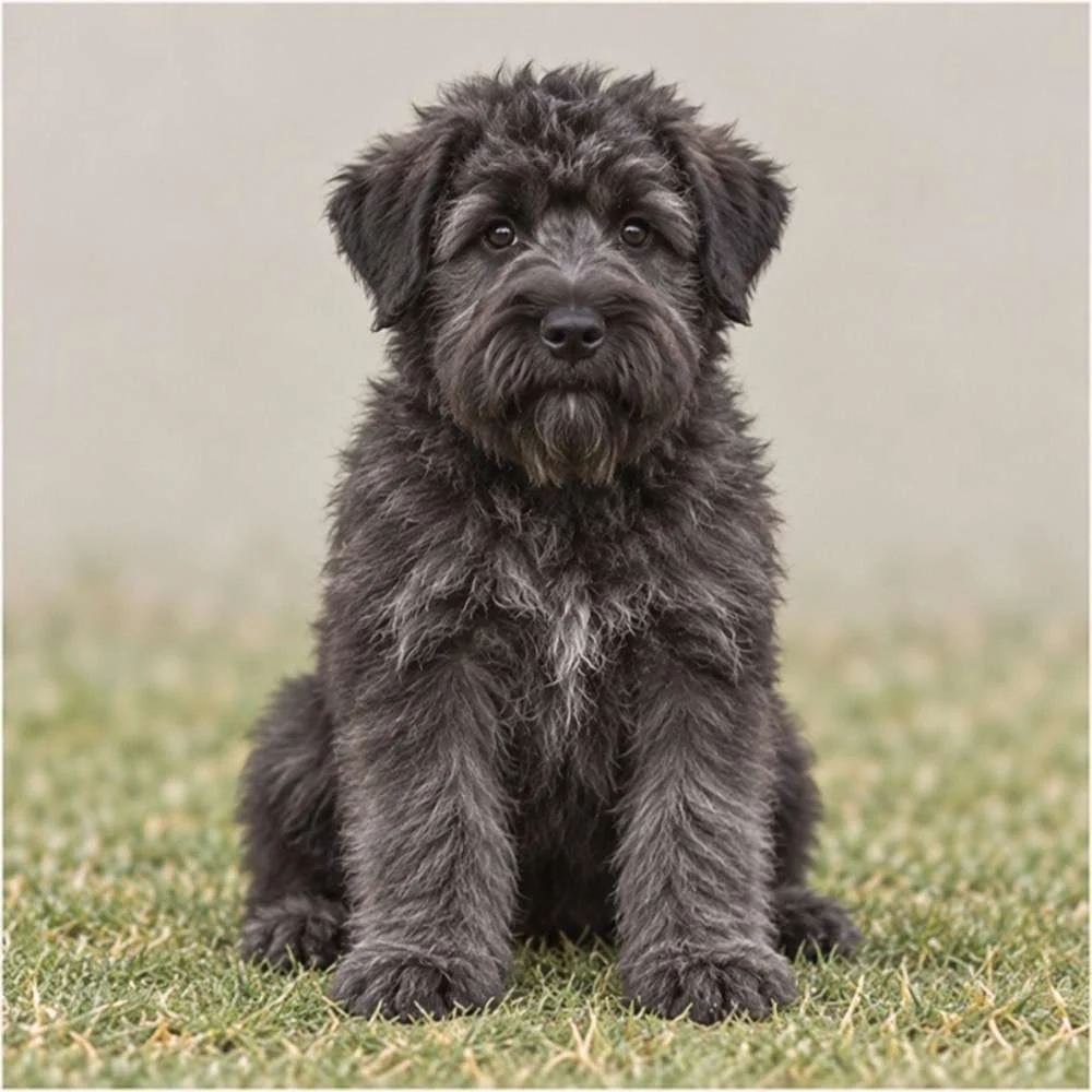Large, shaggy black dog with a sturdy build standing attentively