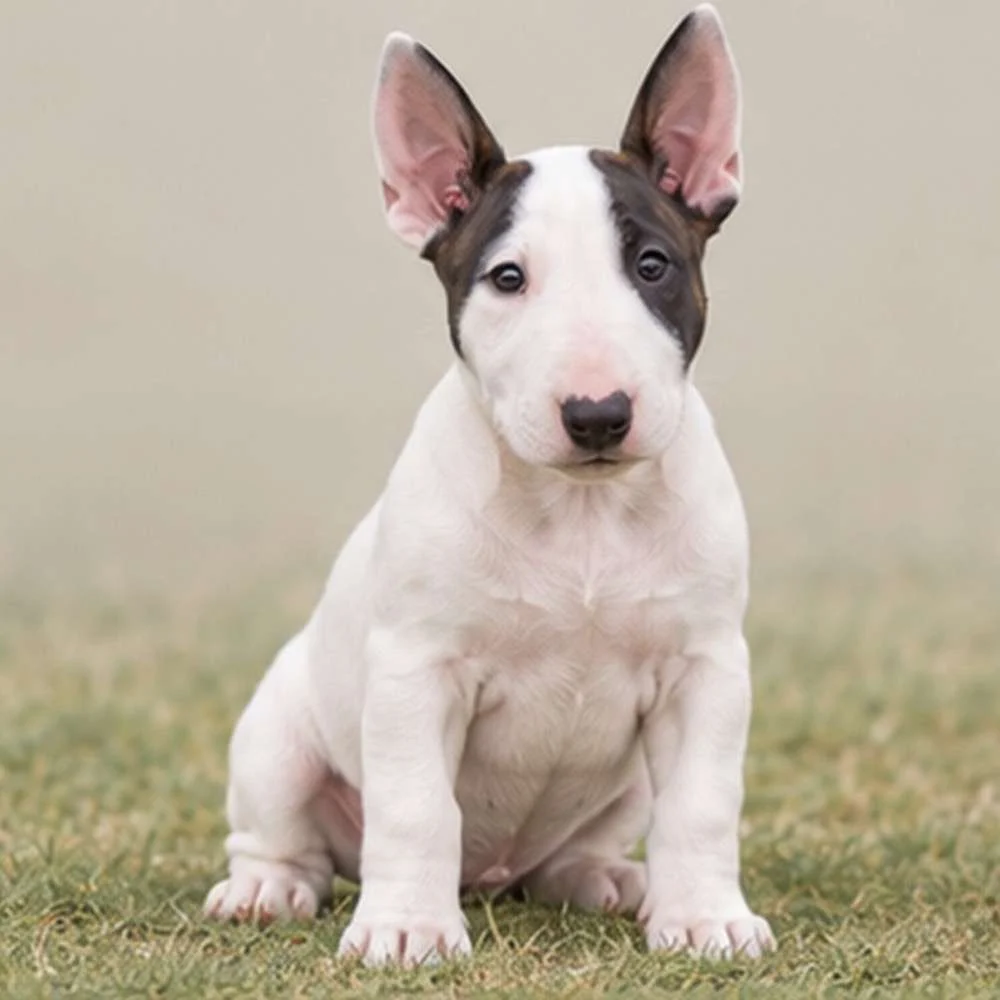 White Bull Terrier with a muscular build standing proudly and alert