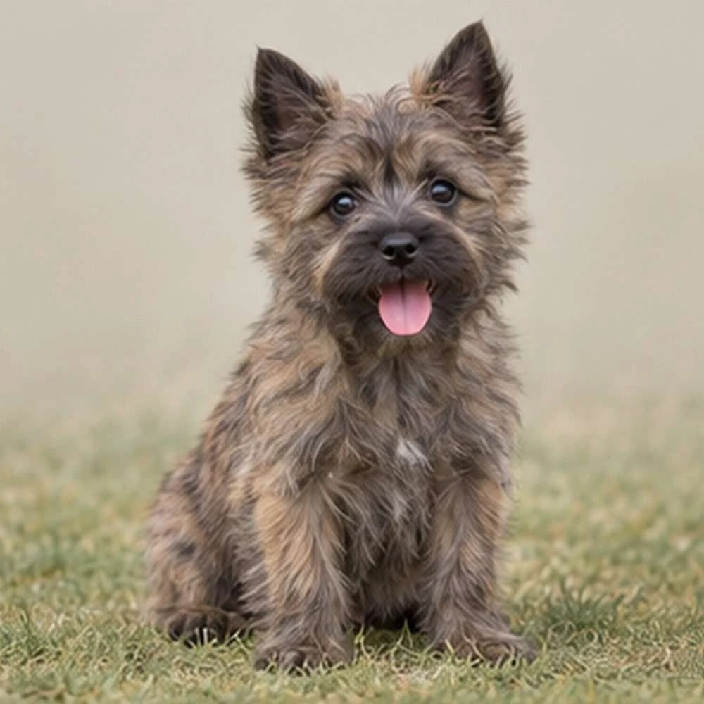 Scruffy, brown fur with perky ears and a playful stance