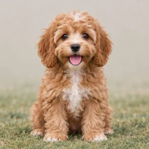 Fluffy, curly coat in shades of brown and white, sitting attentively
