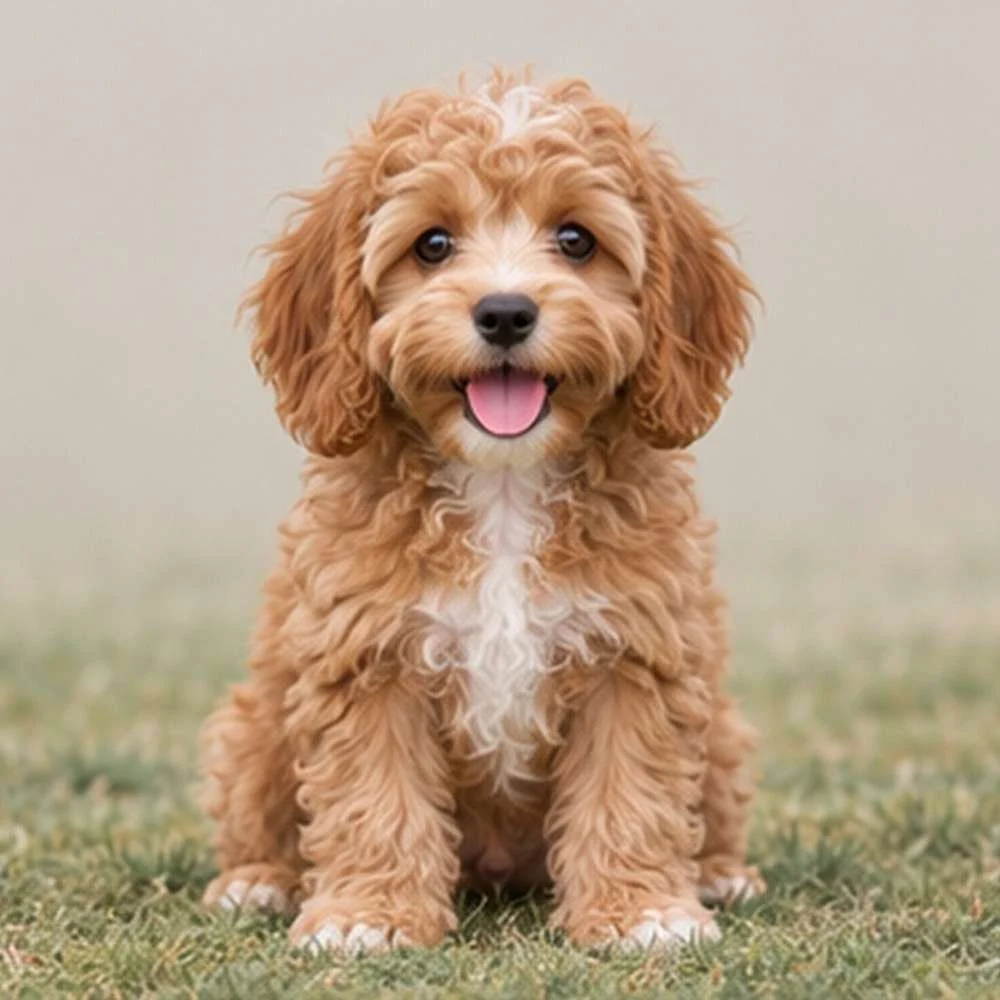 Fluffy, curly coat in shades of brown and white, sitting attentively