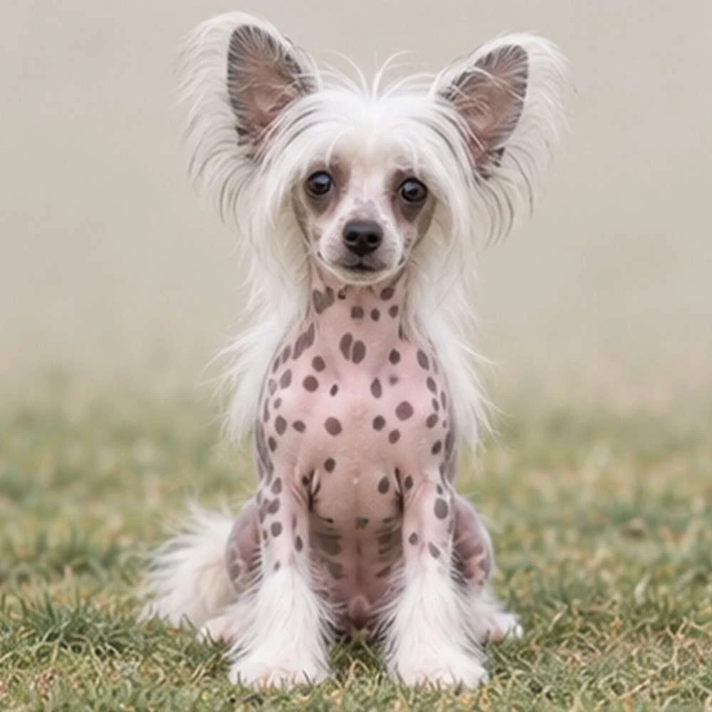 Hairless dog with exposed skin, fluffy crest on head, standing proudly