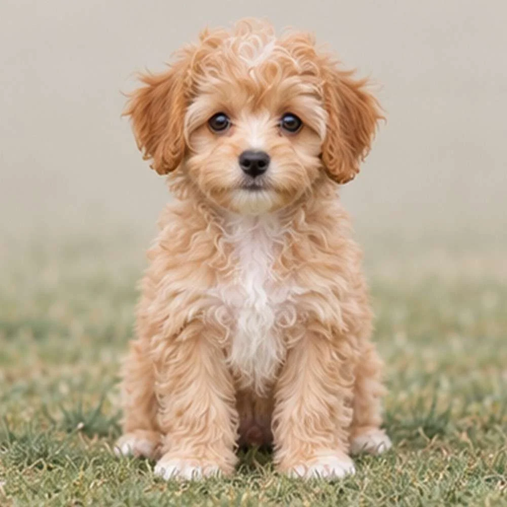 Small, fluffy dog with a curly coat, playful expression, and alert posture