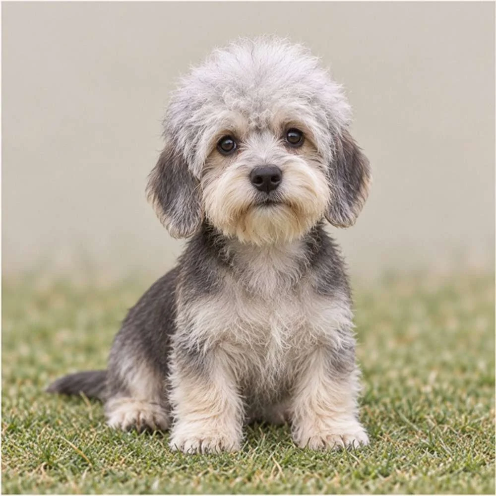 A Dandie Dinmont Terrier with a wiry coat, standing proudly, showcasing its distinctive topknot