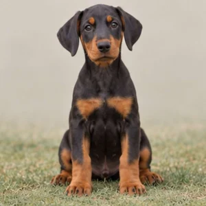 Sleek black and tan Doberman standing proudly with alert expression