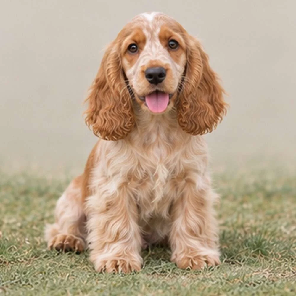 Golden-brown English Cocker Spaniel sitting proudly with long, wavy ears