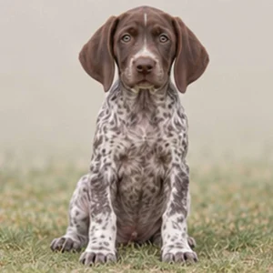 Liver and white spotted dog standing proudly with alert expression