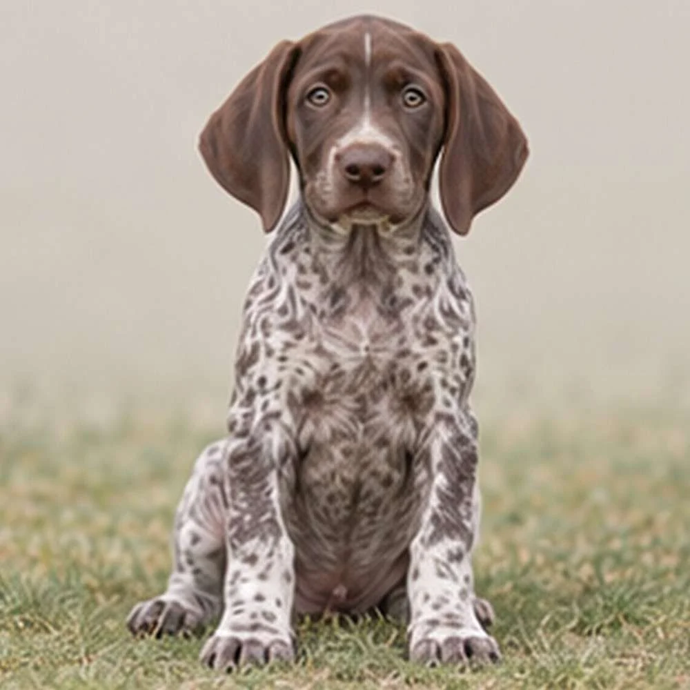 Liver and white spotted dog standing proudly with alert expression