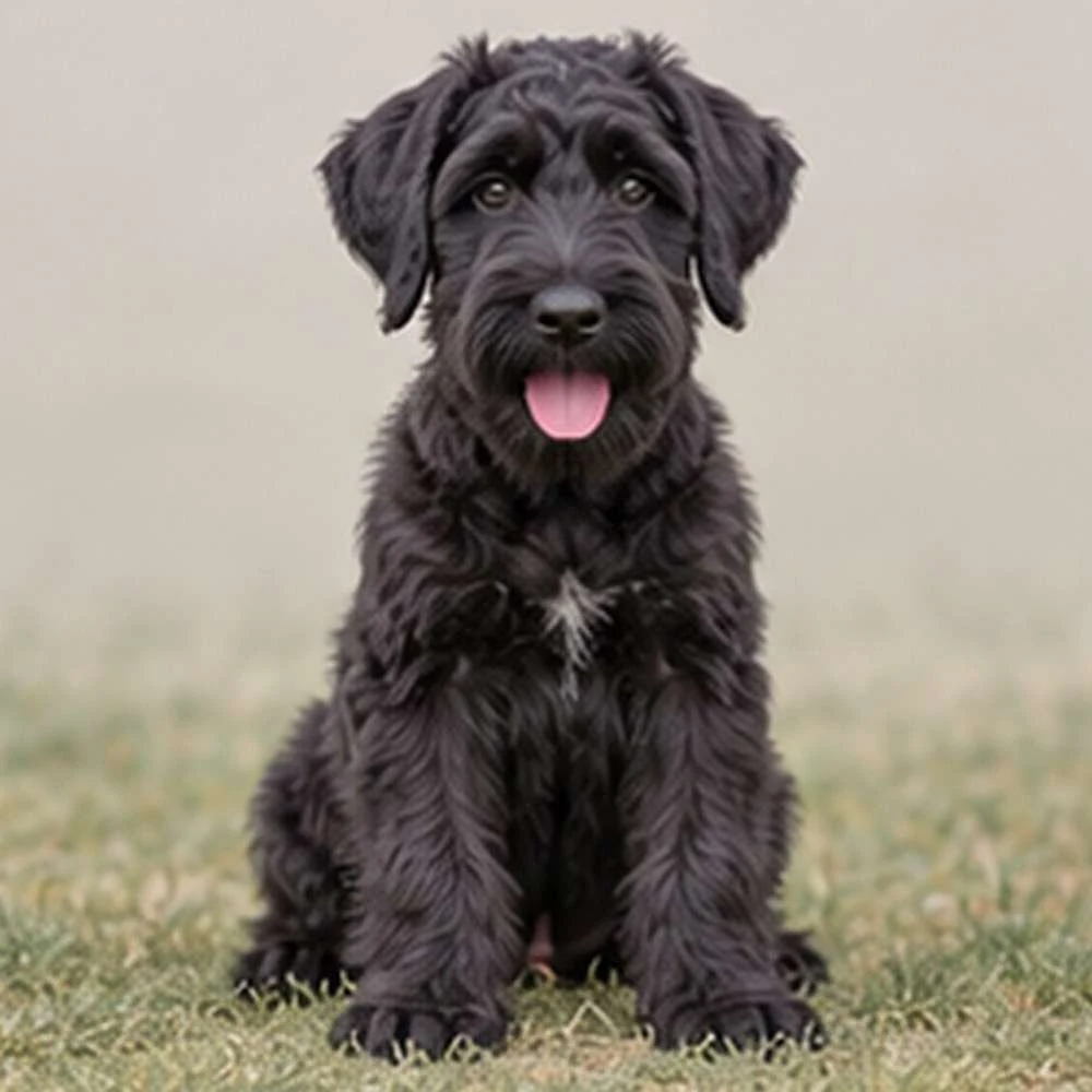 Large black dog with a dense, wiry coat standing proudly