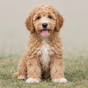 Fluffy gold and cream dog sitting playfully with a joyful expression