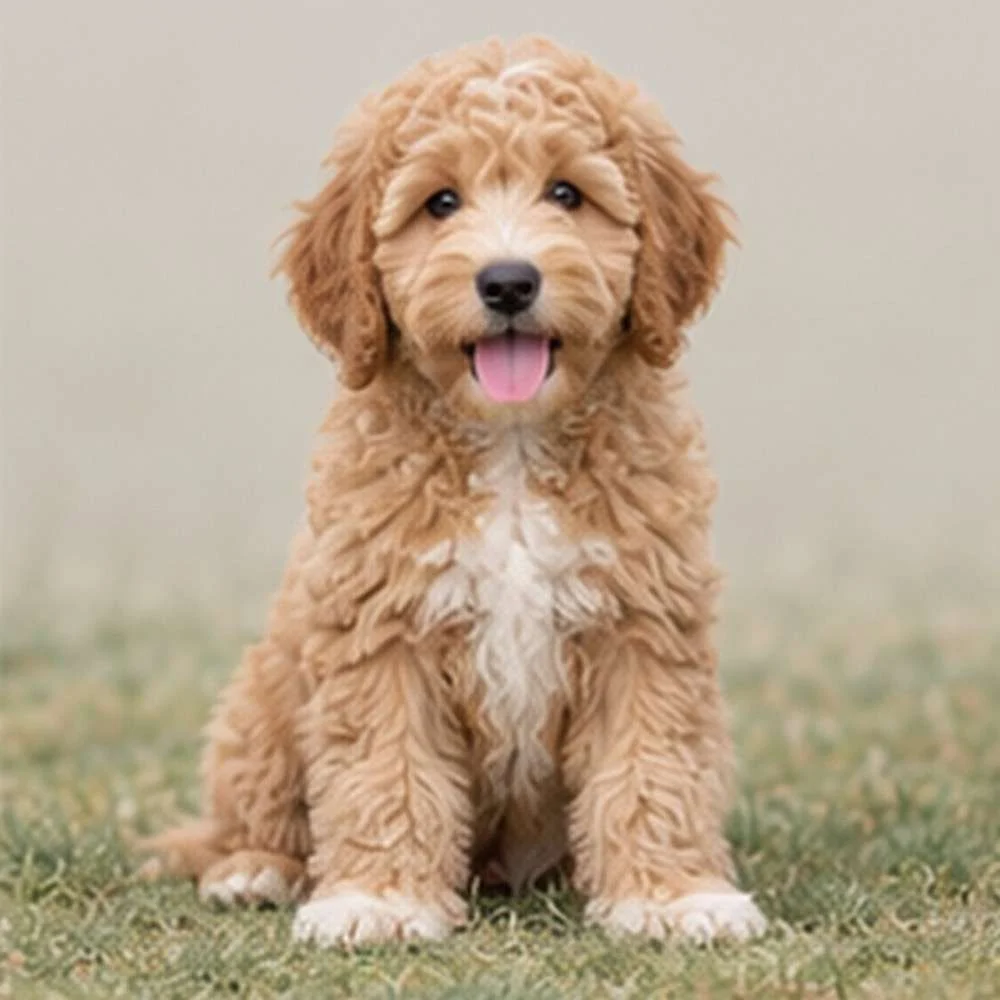 Fluffy gold and cream dog sitting playfully with a joyful expression