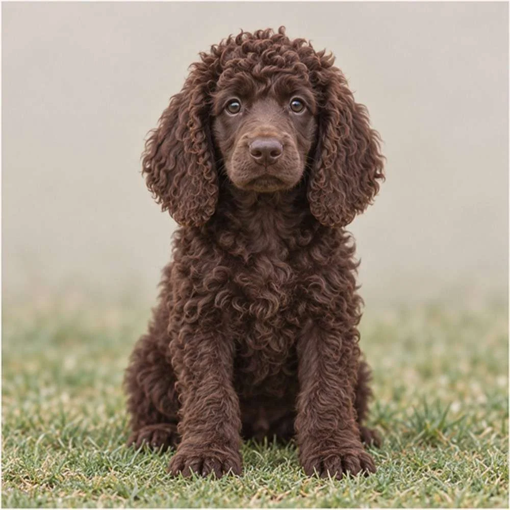 Curly, water-resistant coat in rich liver brown, playful posture by water's edge