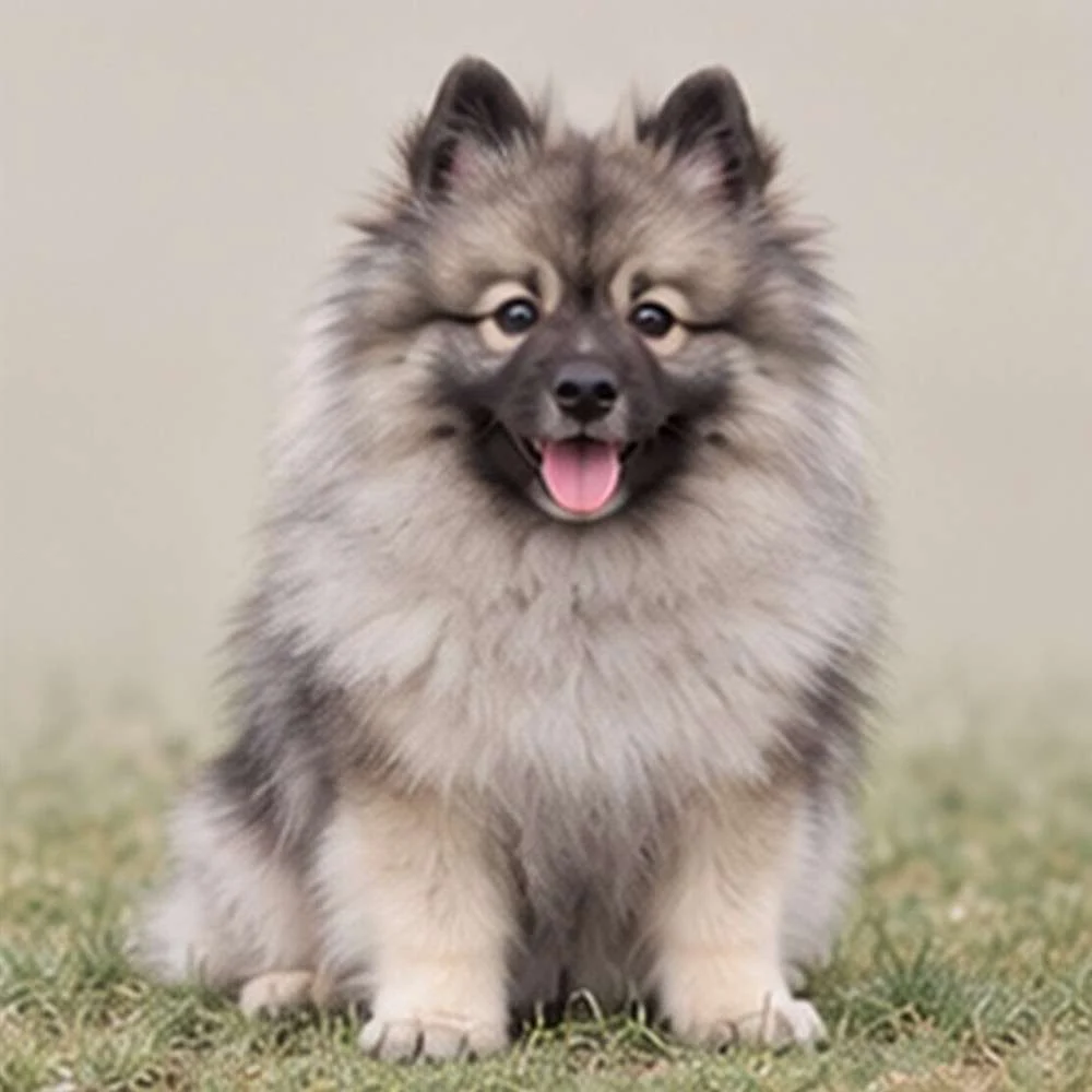 Fluffy gray and black dog with a thick coat and cheerful expression