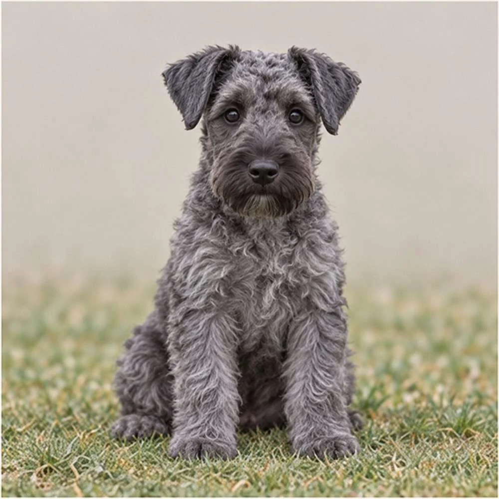 Fluffy, curly blue-gray coat with a playful stance and alert expression