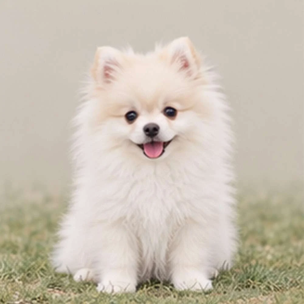 Fluffy white and tan dog standing attentively with a playful expression