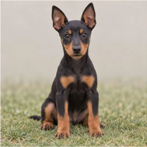 Sleek black and tan dog standing alert with a slight smile