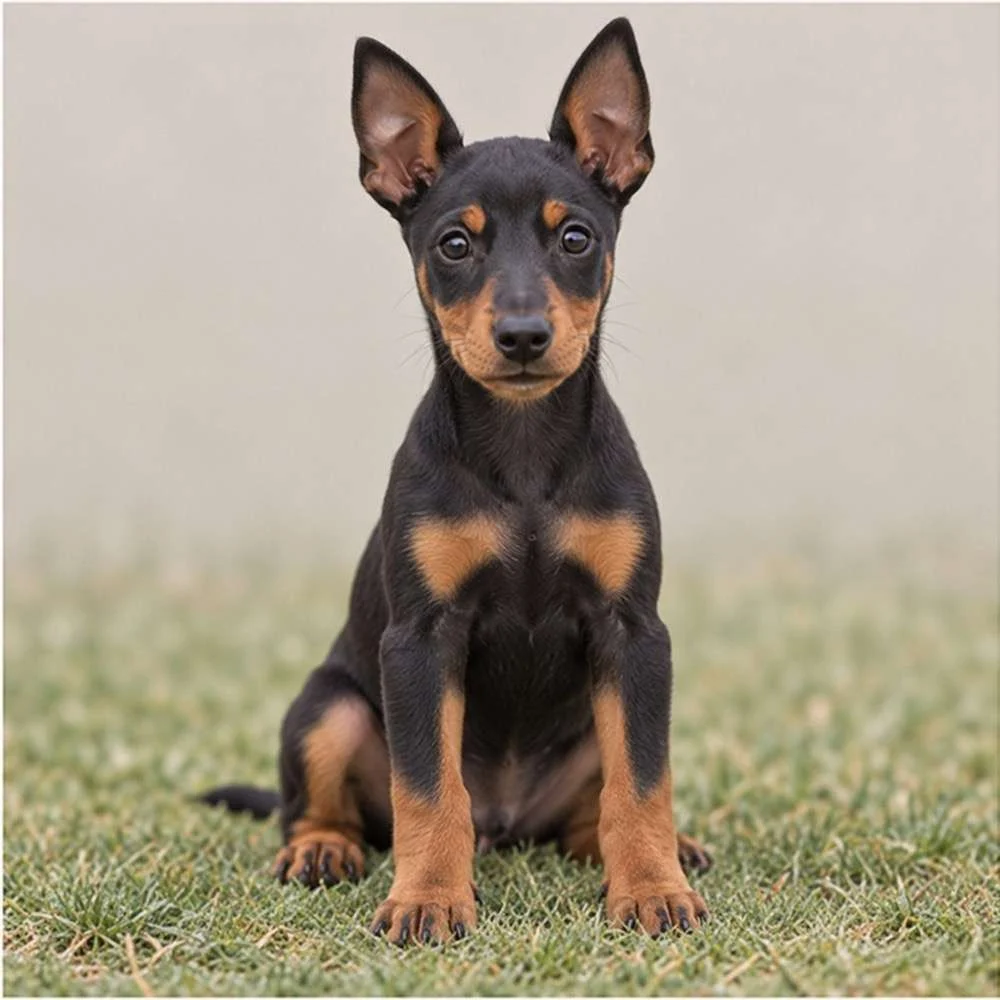 Sleek black and tan dog standing alert with a slight smile