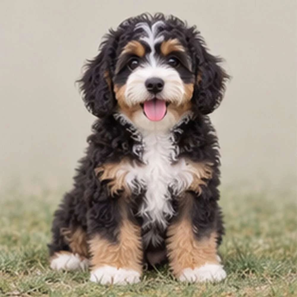 Fluffy, tri-colored coat with curly texture, sitting attentively with bright eyes