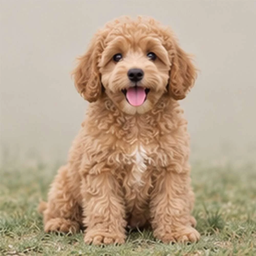 Fluffy cream and golden coat, playful posture with a happy expression