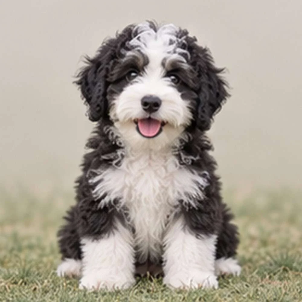 Fluffy black and white dog sitting attentively, with curly coat and bright eyes