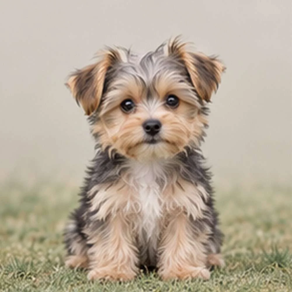 Small, fluffy dog with a blend of tan and black fur, sitting attentively