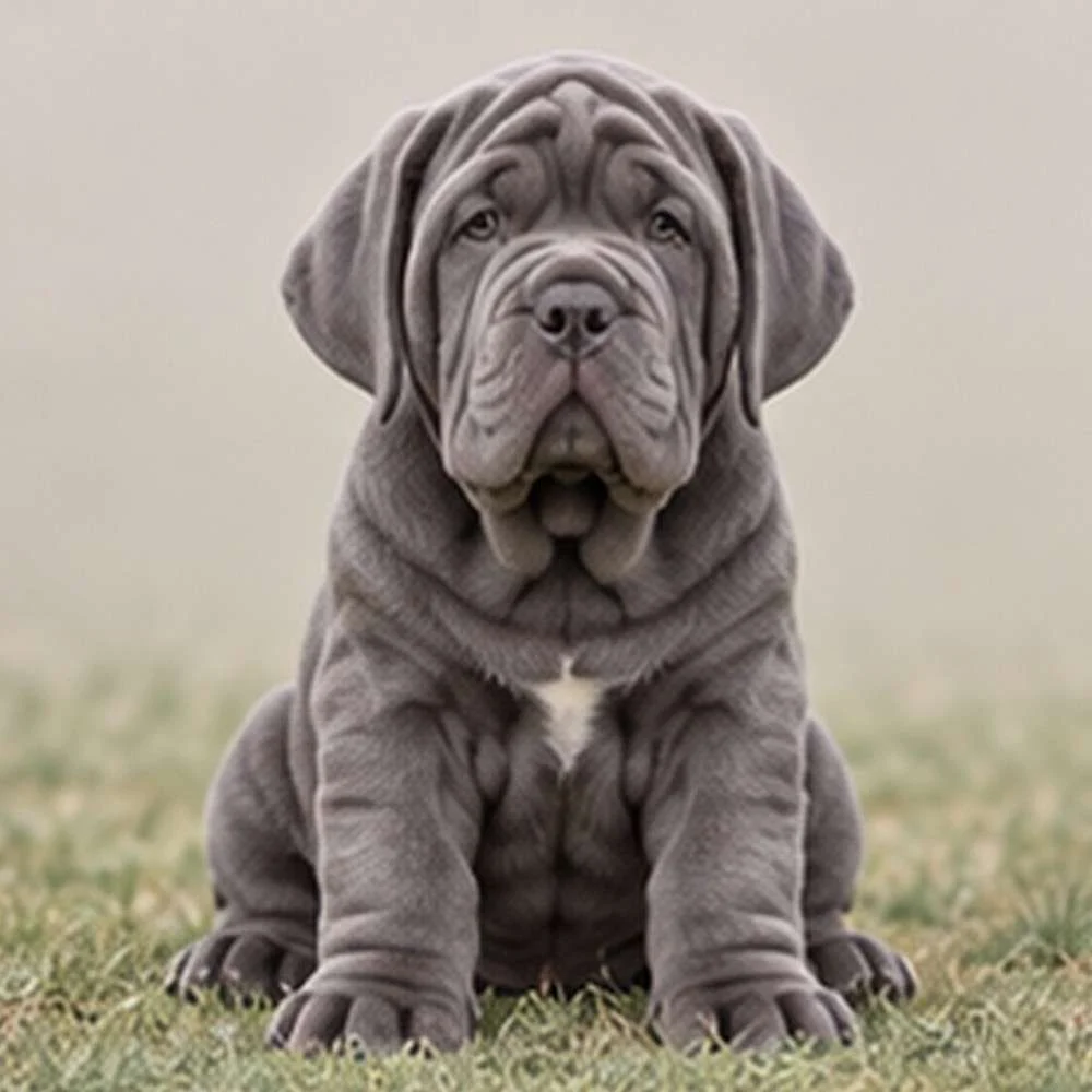Large, wrinkled dog with a loose coat, standing proudly, grayish-brown color