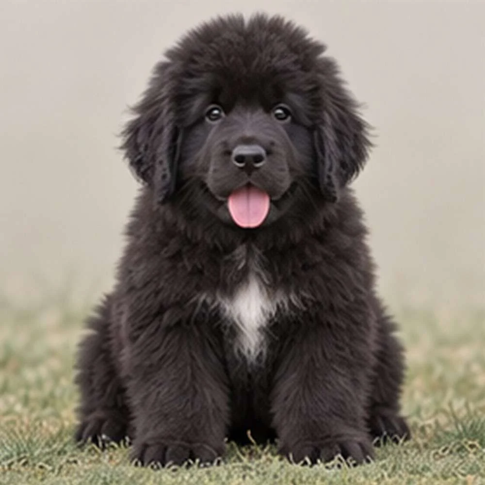 Large, fluffy black dog with a thick coat, standing proudly by water