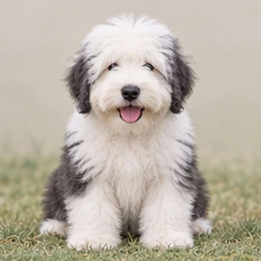 Fluffy, gray and white coat, standing confidently with a playful expression