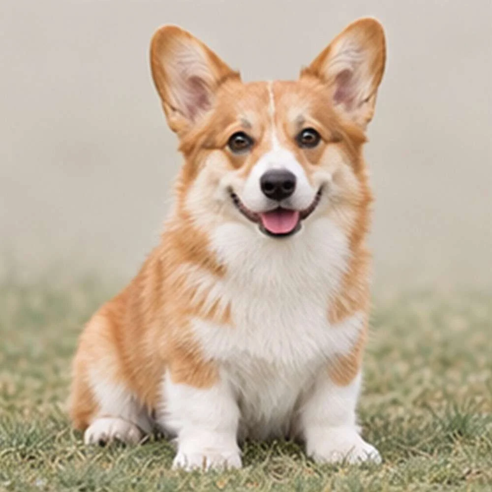 Fluffy, red and white Corgi standing proudly with a wagging tail
