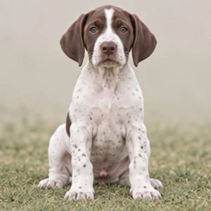 Elegant brown and white spotted dog standing alert in a grassy field