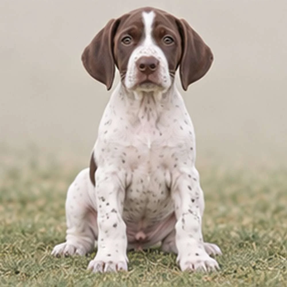 Elegant brown and white spotted dog standing alert in a grassy field