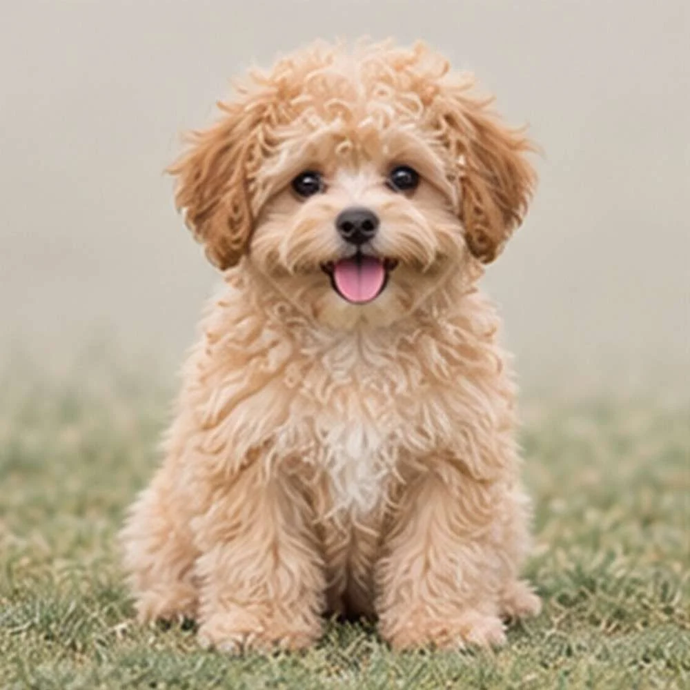 Fluffy tan and white dog sitting upright with a playful expression